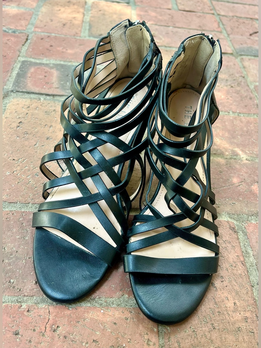 The Limited "Adonna 2" Black Strappy Cage Heeled Sandals Rear Zip Size 8.5 M